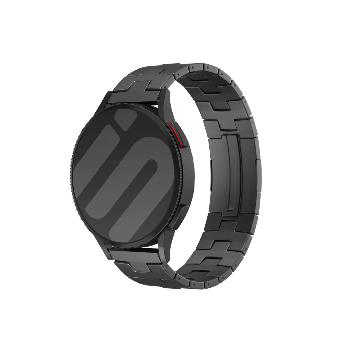 Titanium Grain Strap (Flat Clasp), graphite, on a watch, 3/4 front view