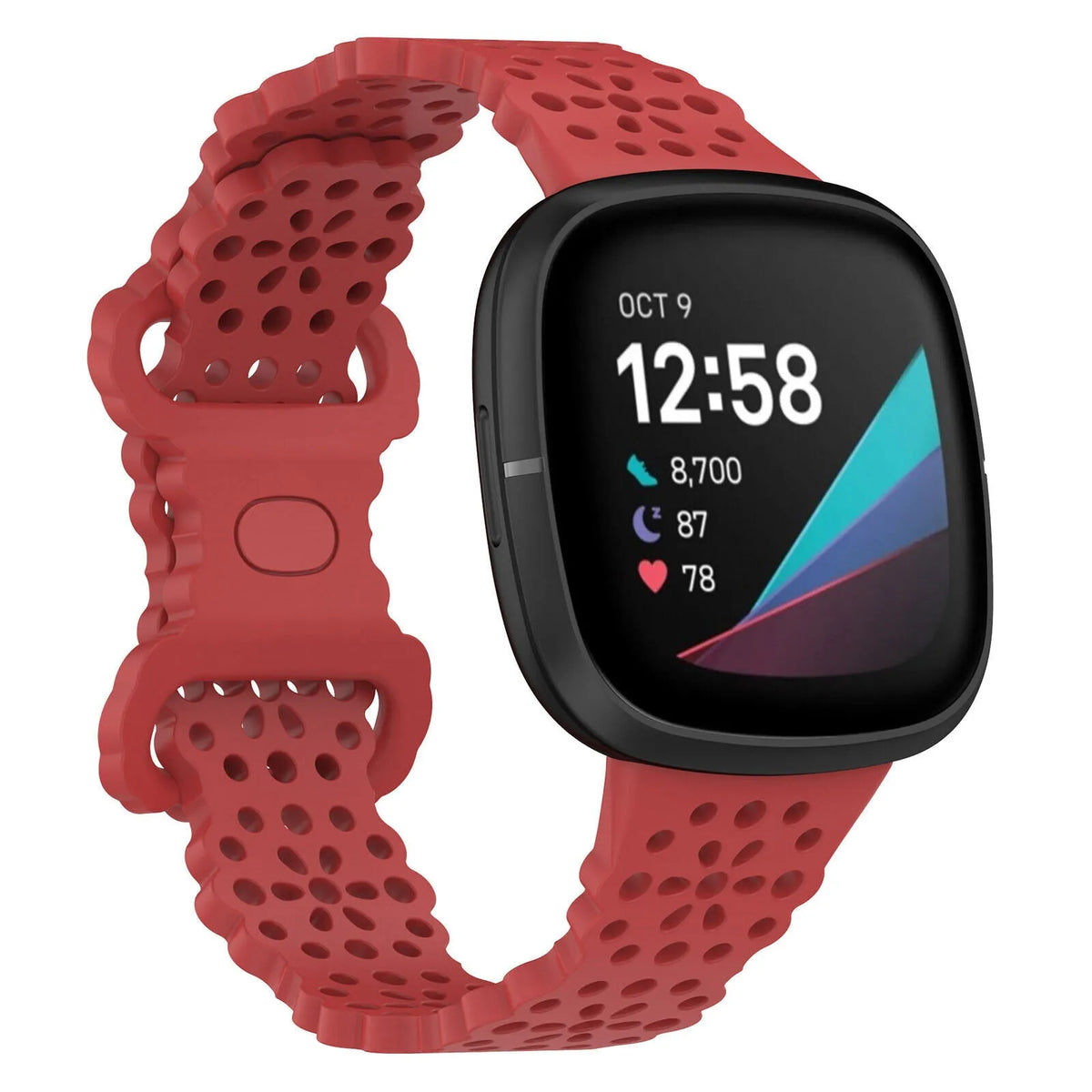 Patterned Silicone Strap, red, on a watch, 3/4 front view