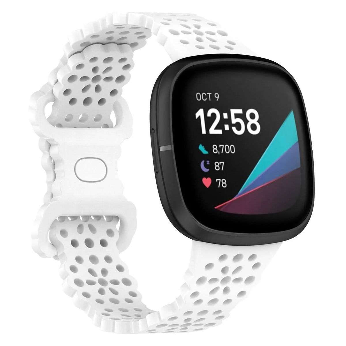 Patterned Silicone Strap, white, on a watch, 3/4 front view