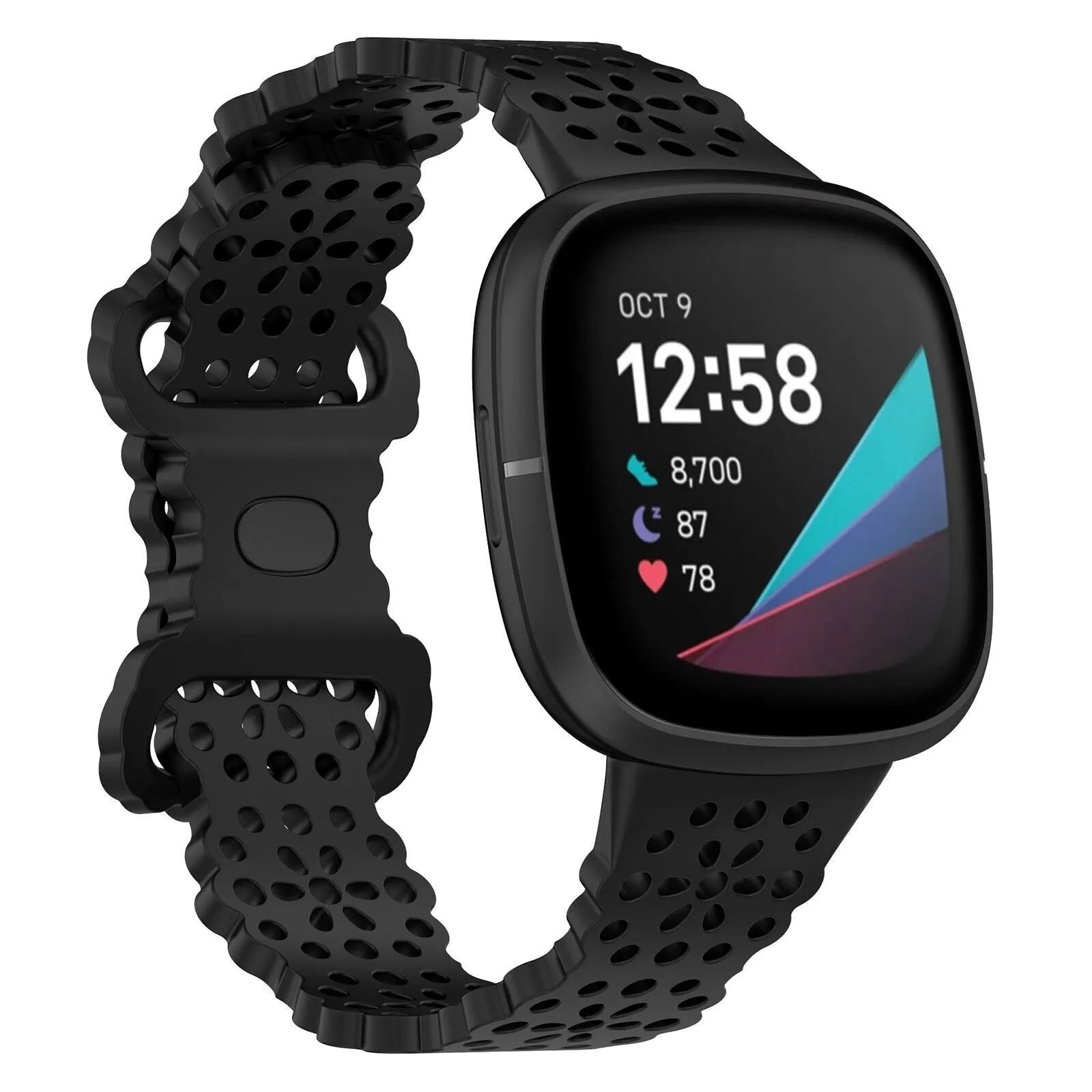Patterned Silicone Strap, black, on a watch, 3/4 front view
