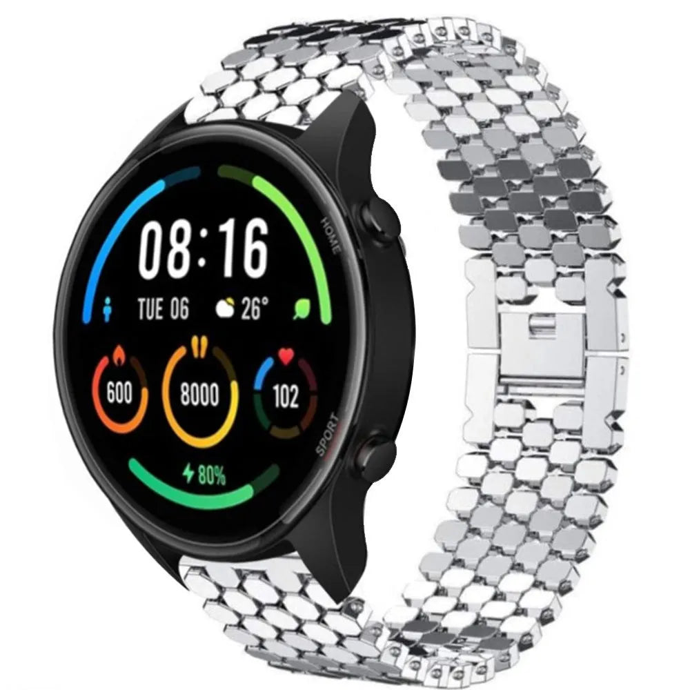 Steel Strap Hexagons, silver, on a watch, 3/4 front view