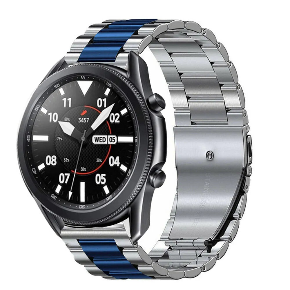 Steel Strap, silver/blue, on a watch, 3/4 front view