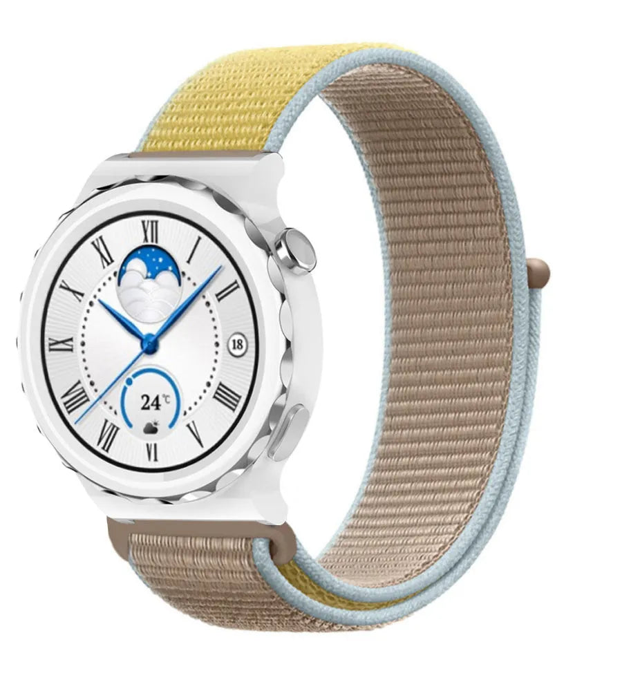 Nylon Strap, camel, on a watch, 3/4 front view
