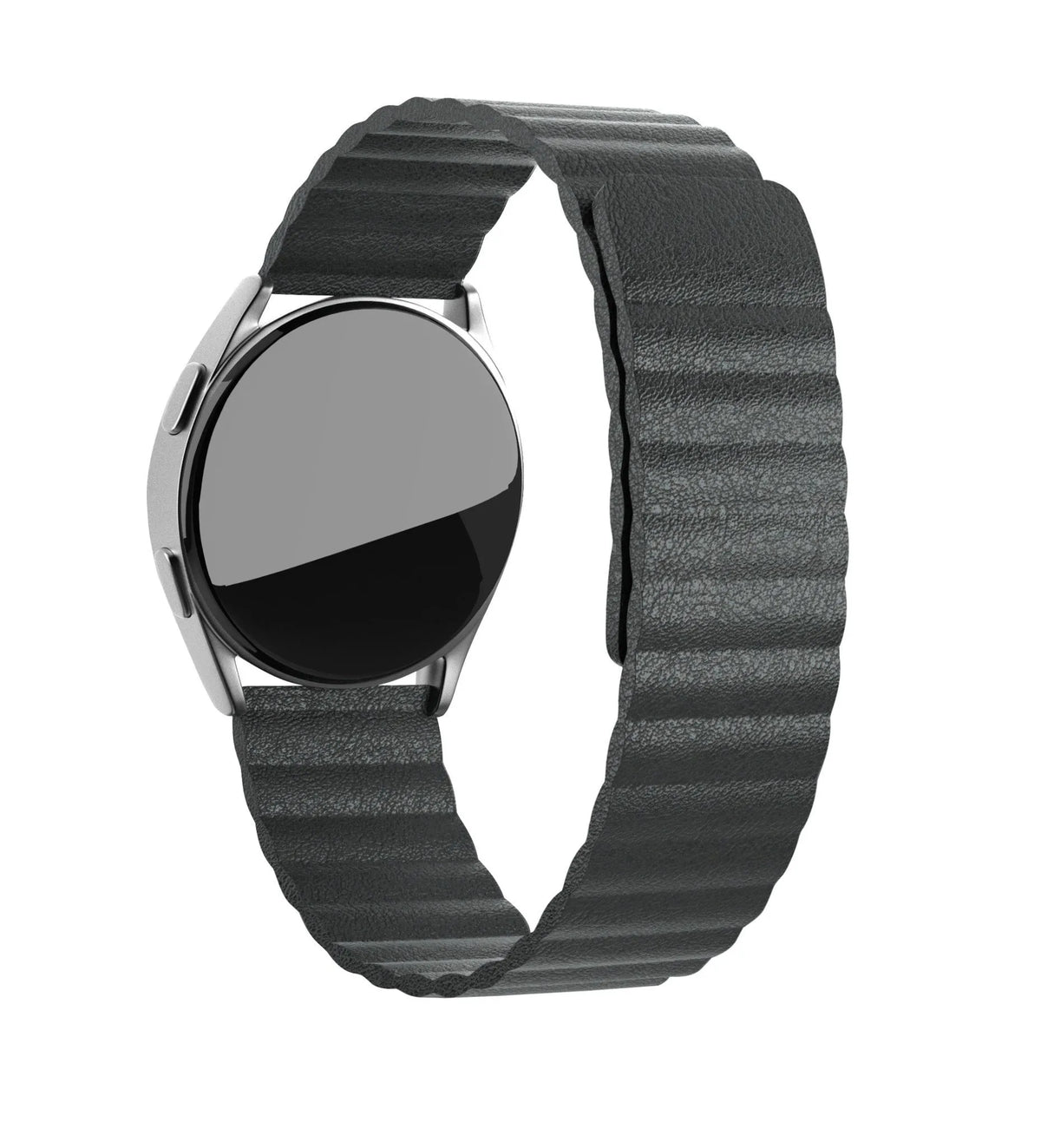 Leather Loop Strap, black, on a watch, 3/4 front view