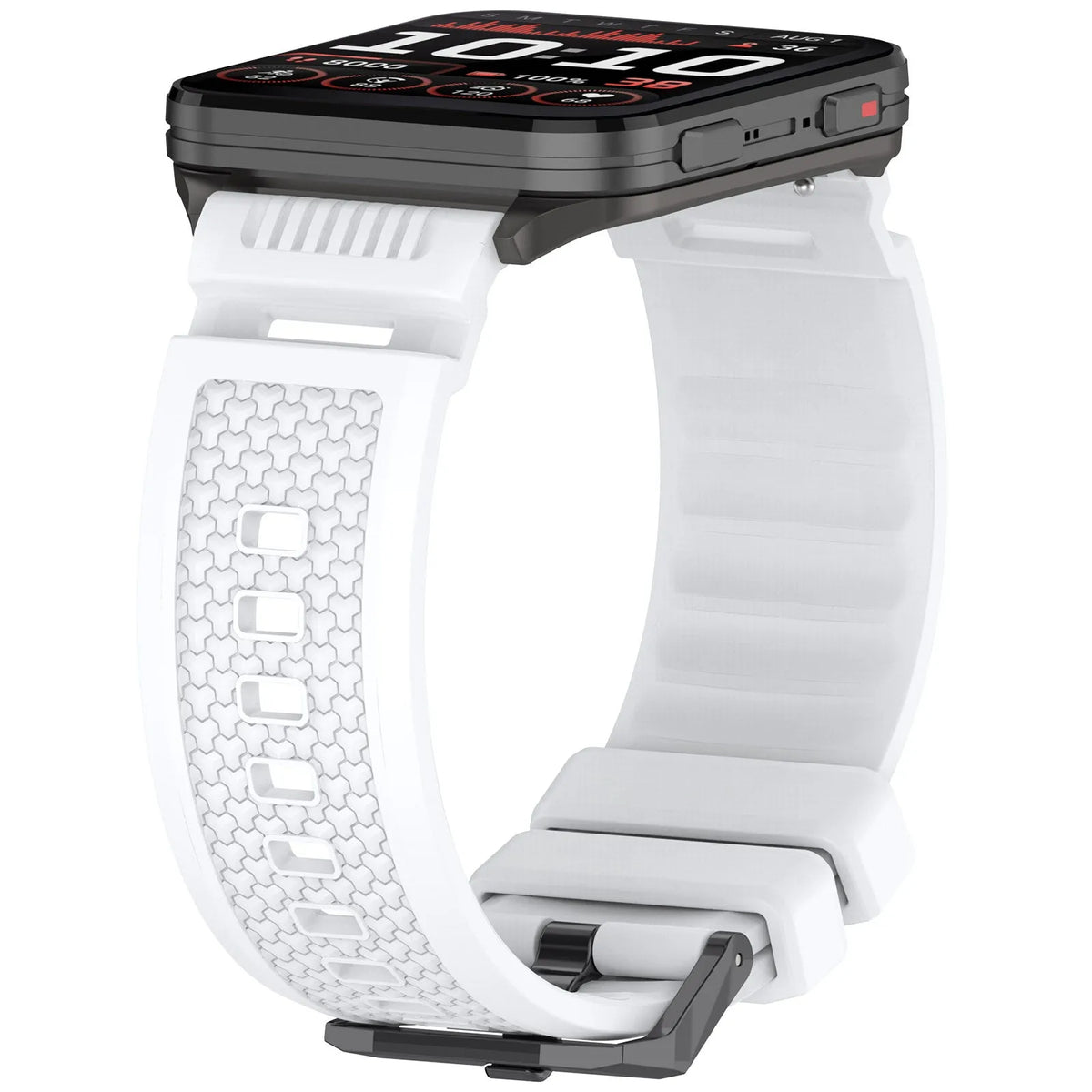 Silicone Strap, white, on a watch, 3/4 front view