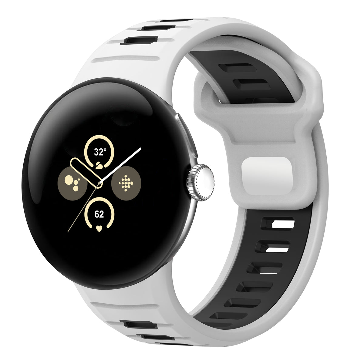 Silicone Sport Duo Strap, white/black, on a watch, 3/4 front view