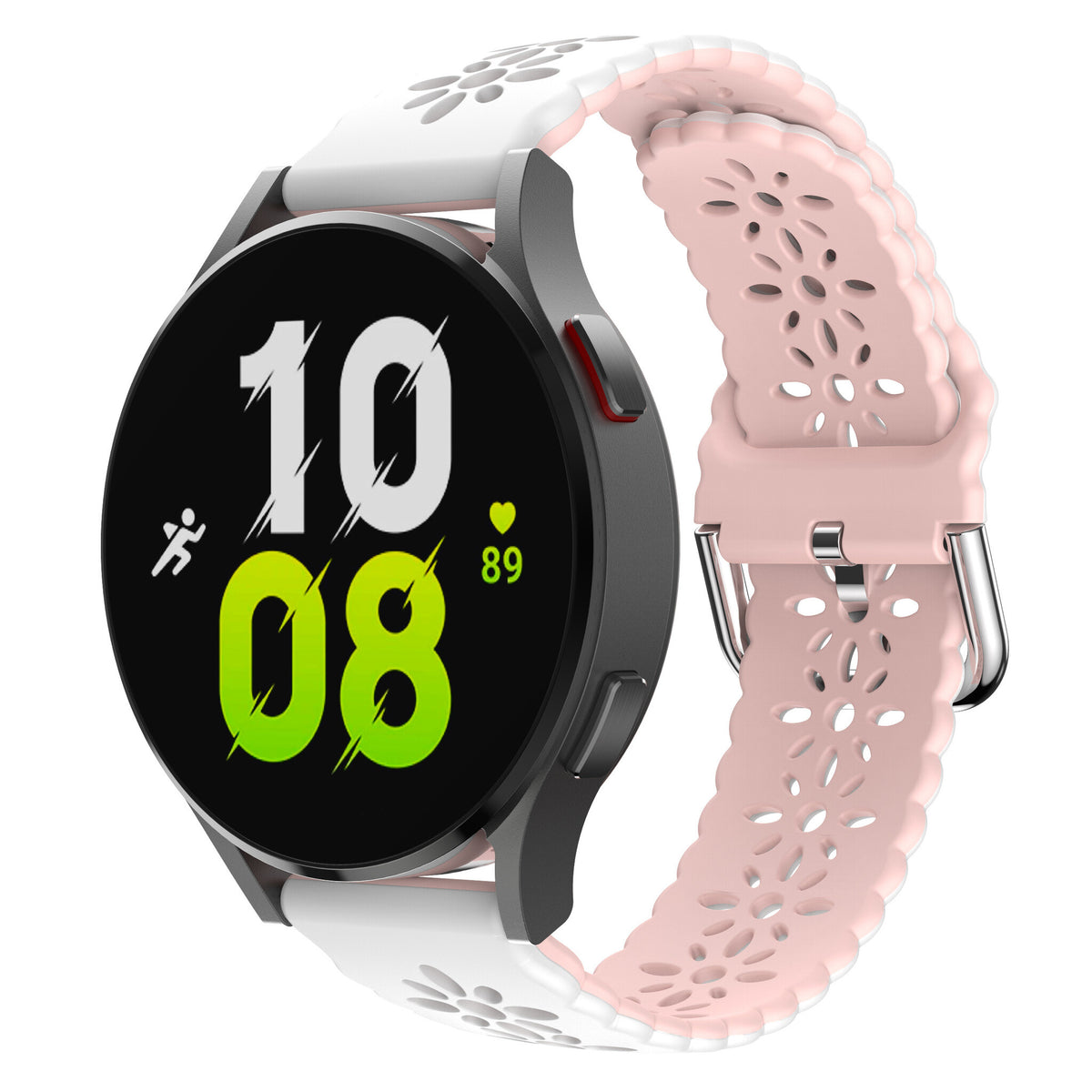 Patterned Silicone Strap, white/pink, on a watch, 3/4 front view