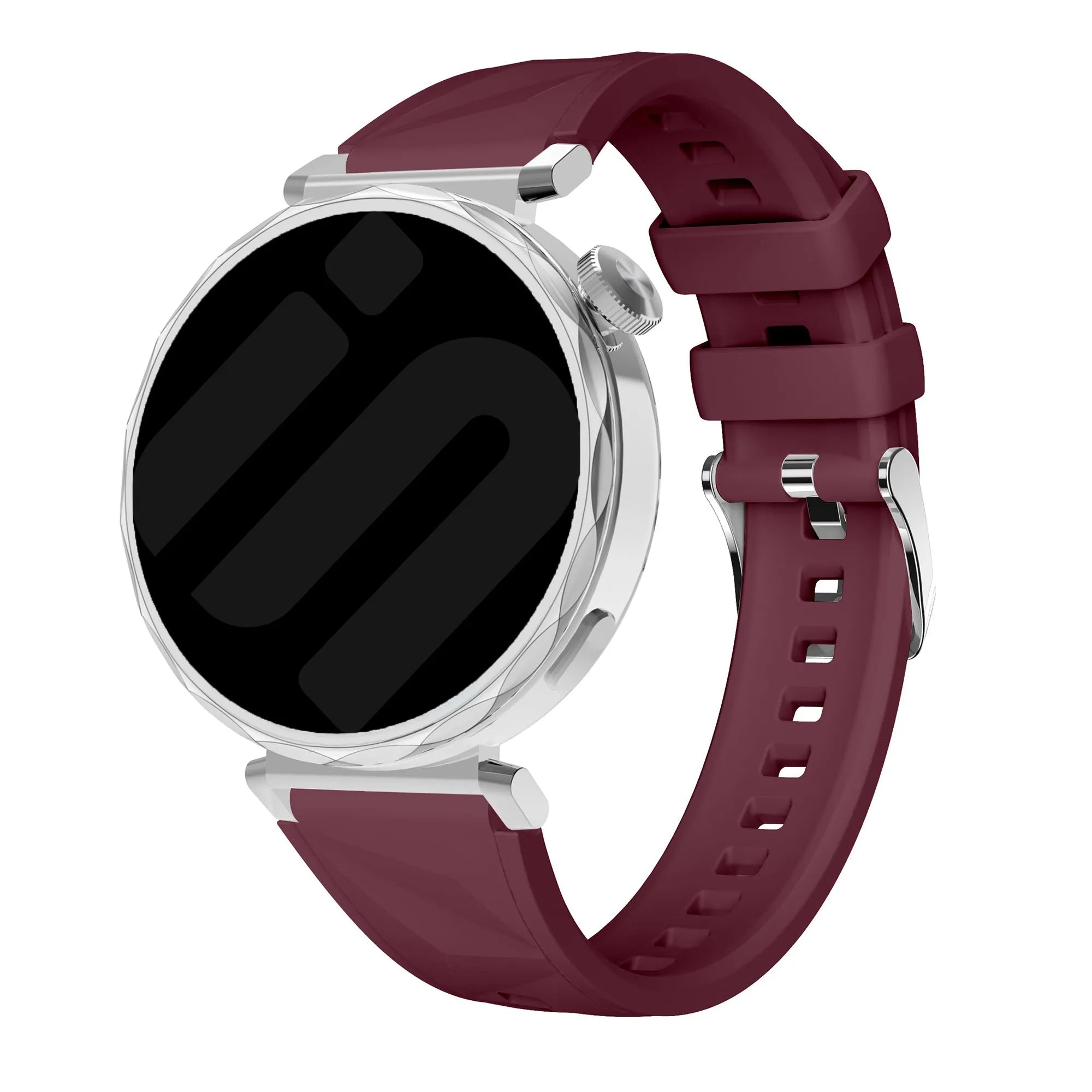 Premium Silicone Strap, wine red, on a watch, 3/4 front view