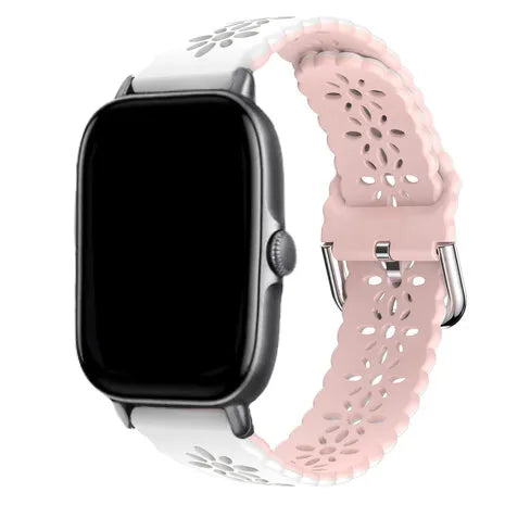 Patterned Silicone Strap, white/pink, on a watch, 3/4 front view
