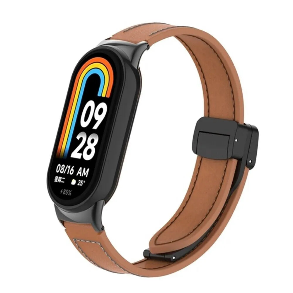 Leather D-Buckle Strap, brown, on a watch, 3/4 front view