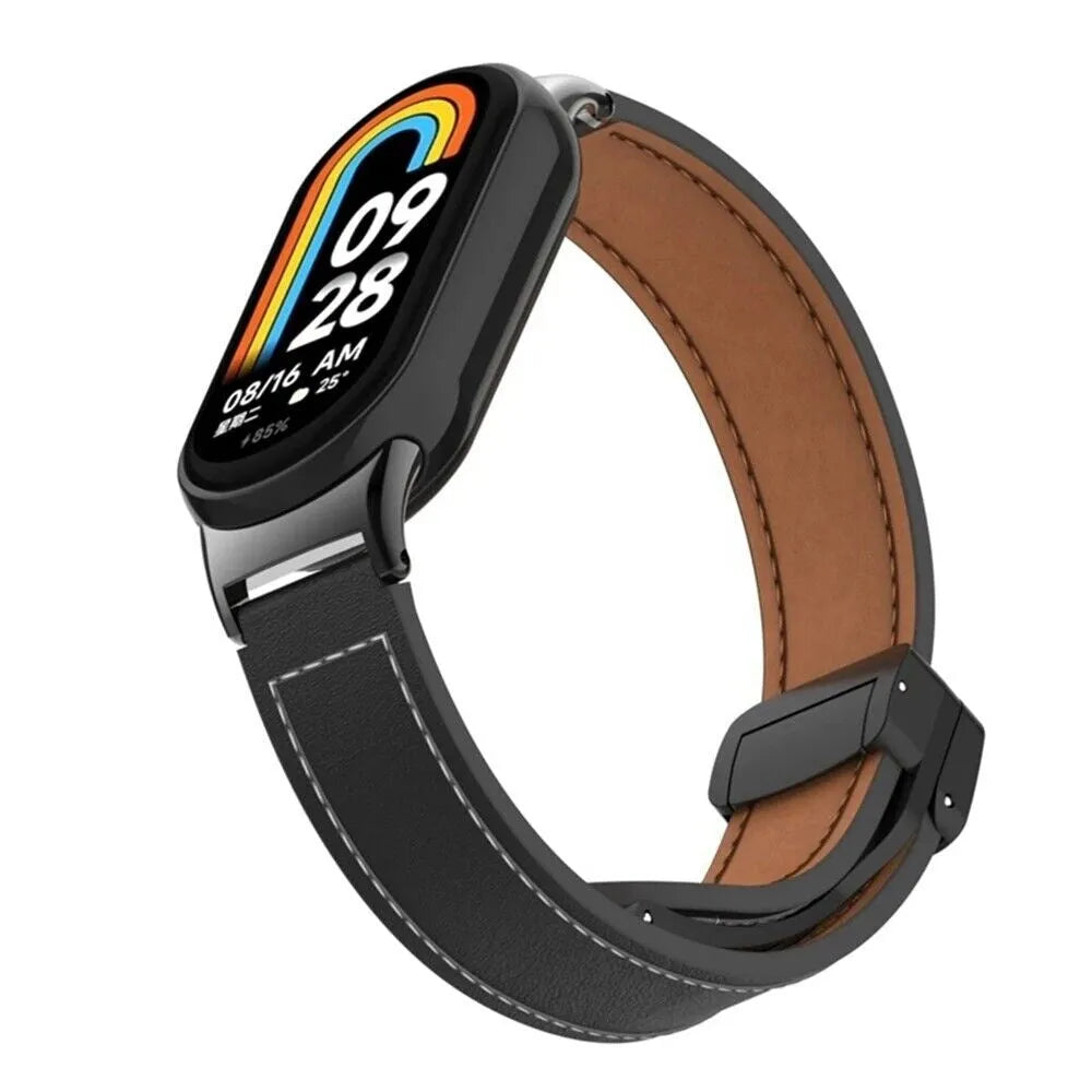 Leather D-Buckle Strap, black, on a watch, 3/4 front view
