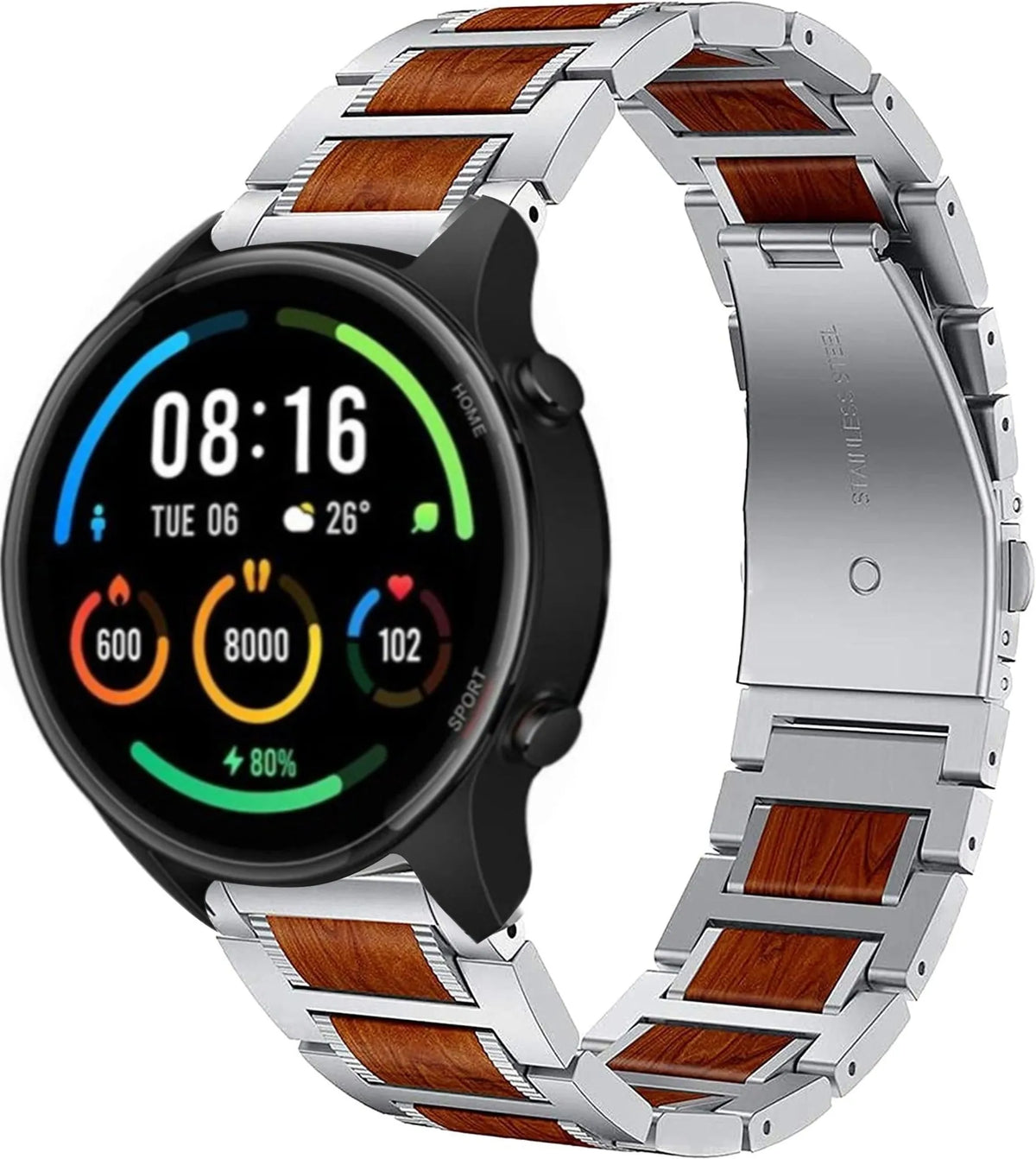 Wood Steel Strap, silver, on a watch, 3/4 front view