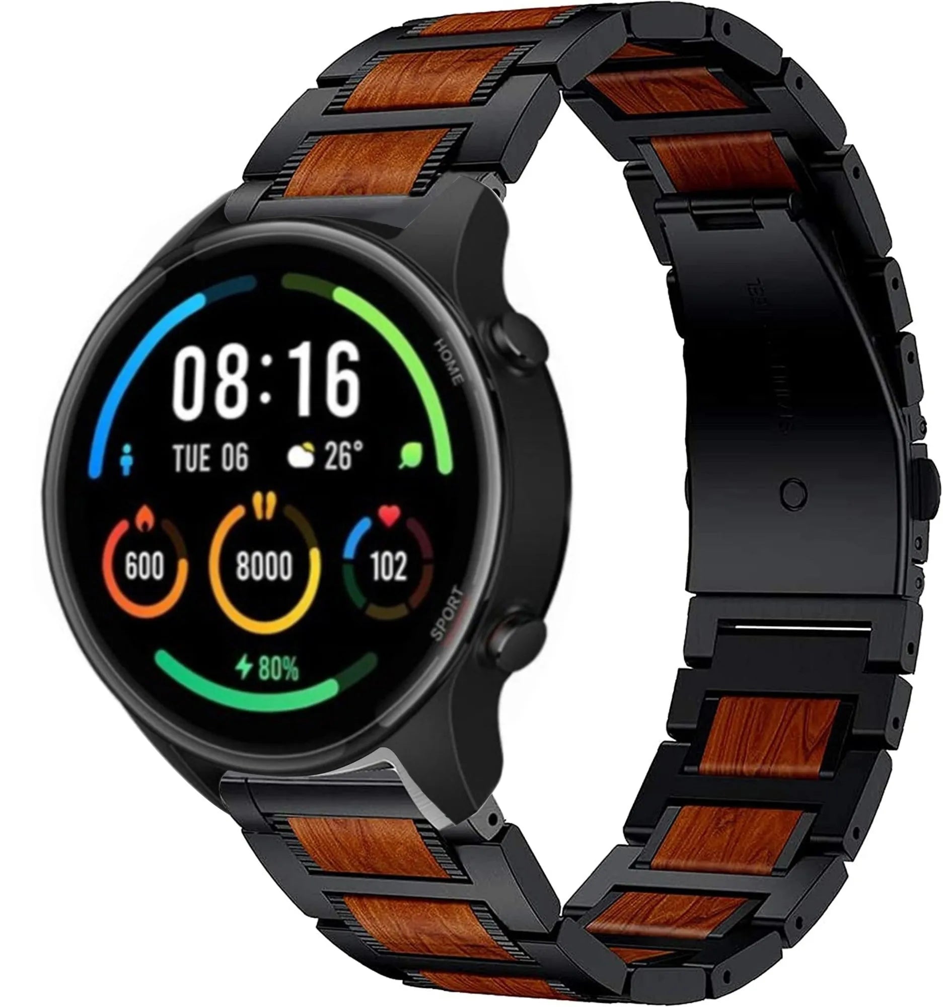 Wood Steel Strap, black, on a watch, 3/4 front view