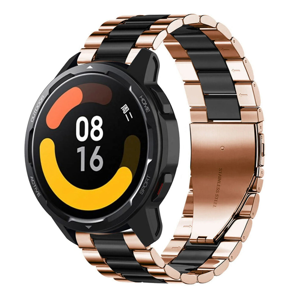 Steel Strap, rose gold/black, on a watch, 3/4 front view