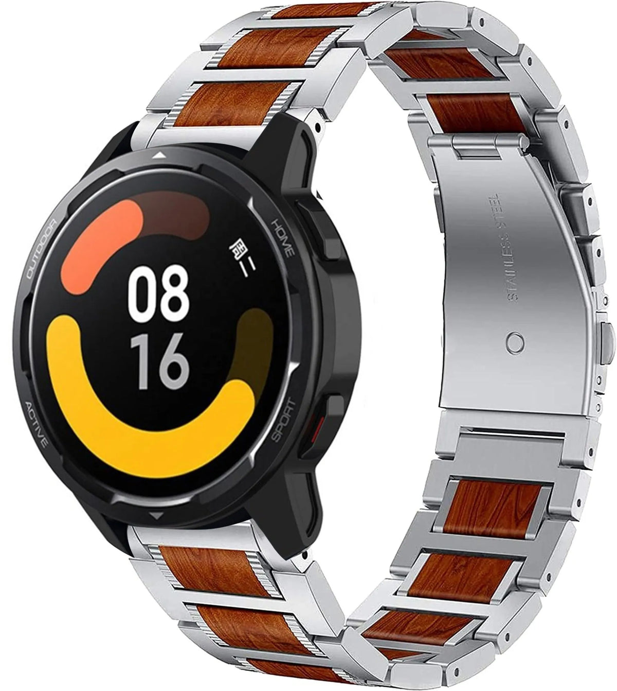 Wood Steel Strap, silver, on a watch, 3/4 front view