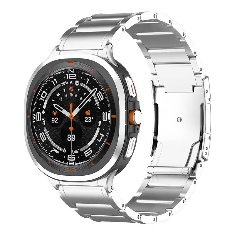 Titanium Strap, silver, on a watch, 3/4 front view