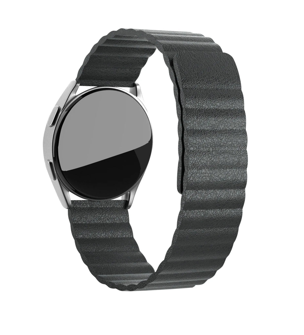 Leather Loop Strap, black, on a watch, 3/4 front view
