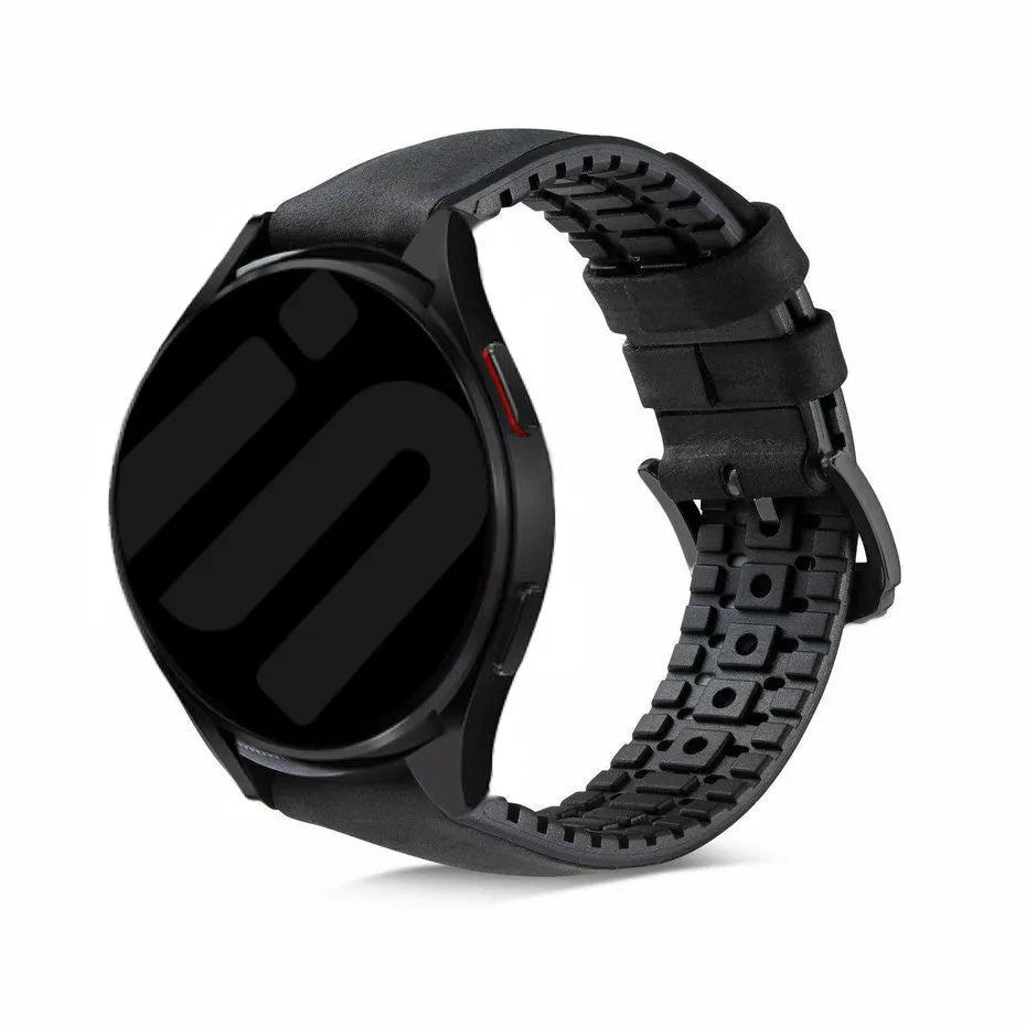 Leather Hybrid Strap, black, on a watch, 3/4 front view