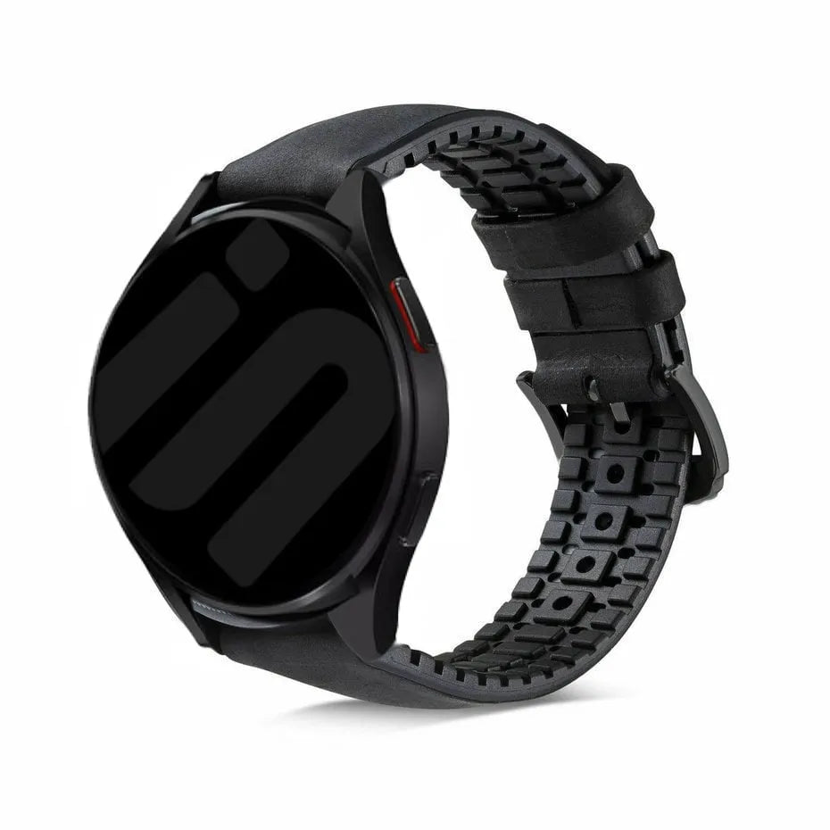 Leather Hybrid Strap, black, on a watch, 3/4 front view
