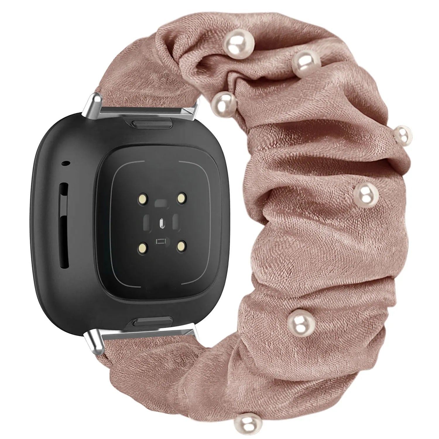 Nylon Scrunchie Strap, beige with pearls, on a watch, 3/4 rear view