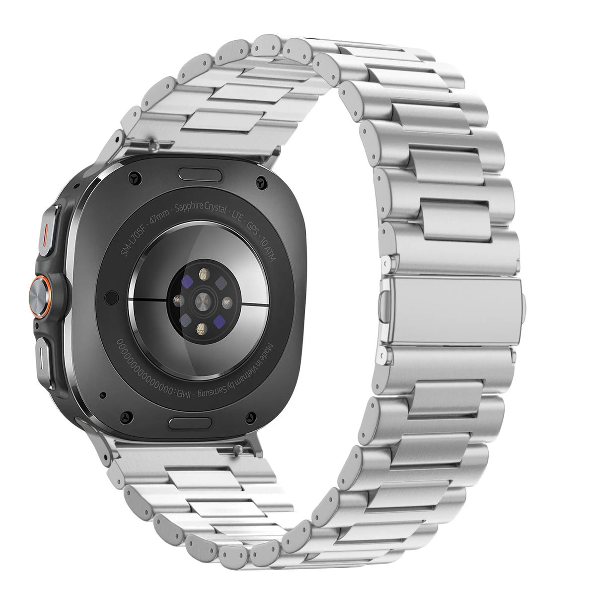 Steel Link Strap 'Deluxe', silver, on a watch, 3/4 rear view