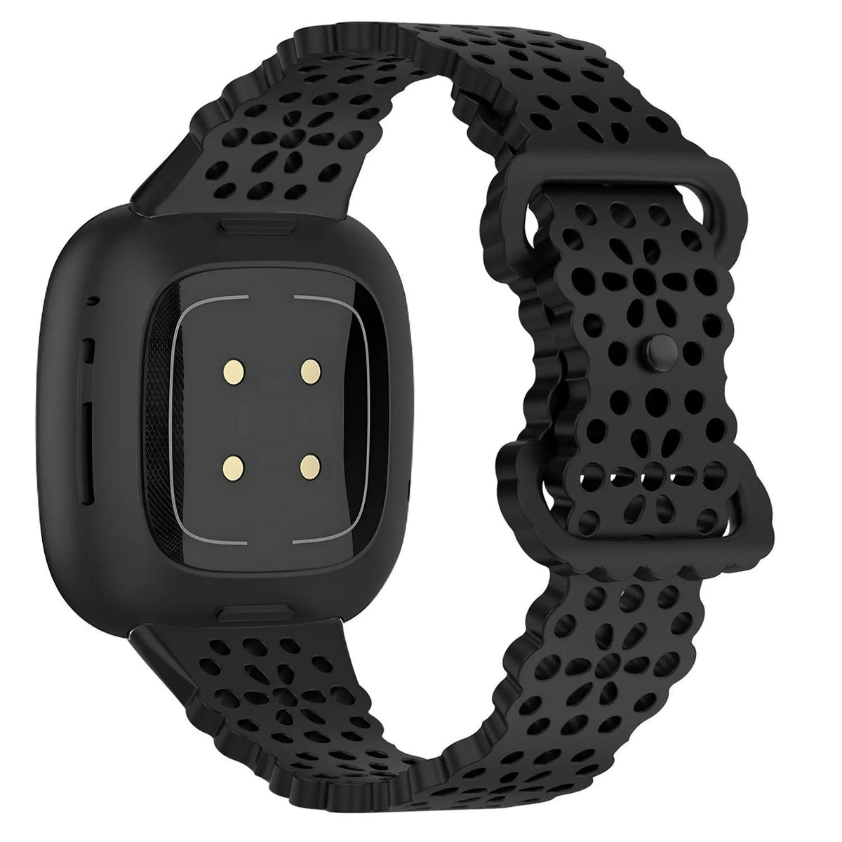 Patterned Silicone Strap, black, on a watch, 3/4 rear view