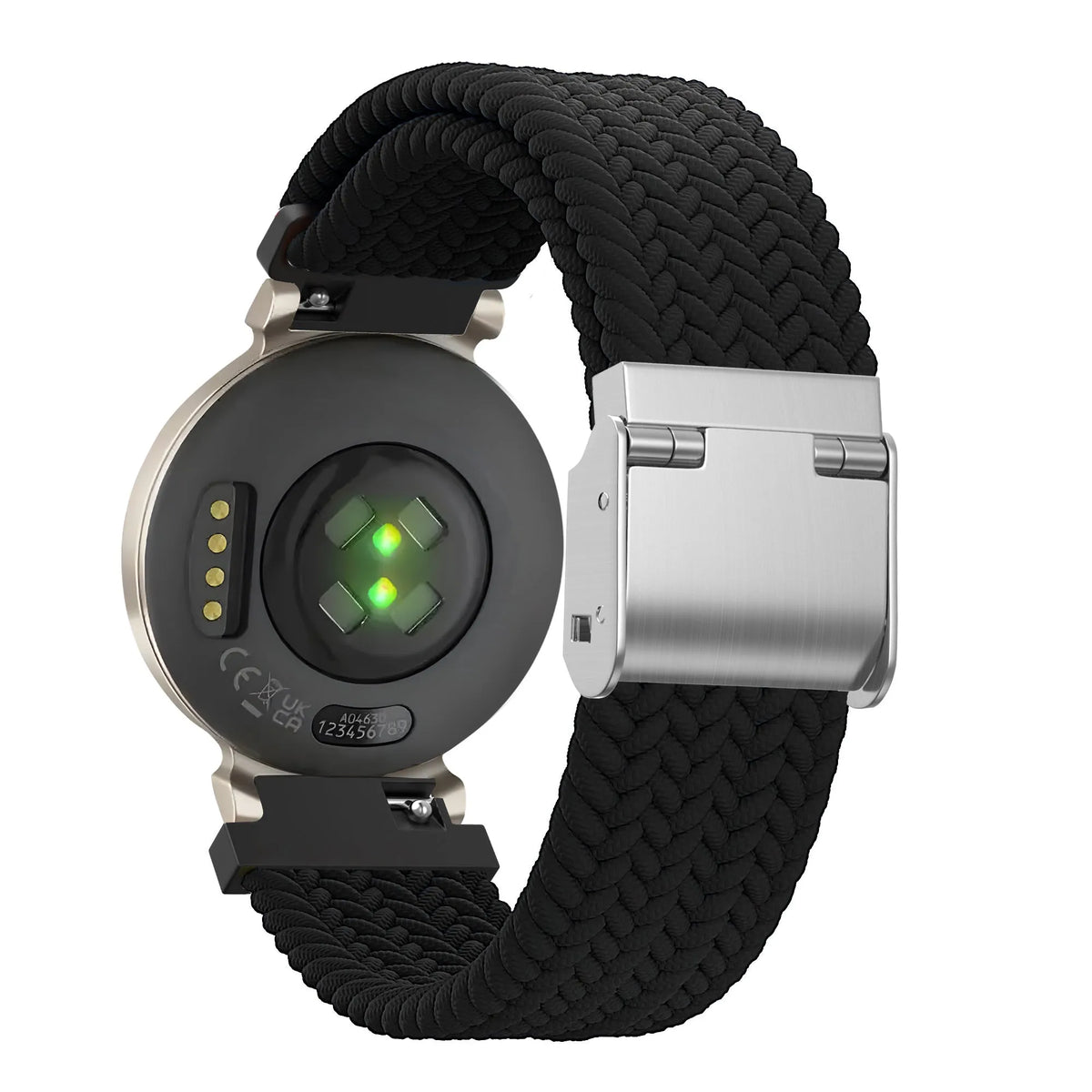 Woven Nylon Strap, black, on a watch, 3/4 rear view