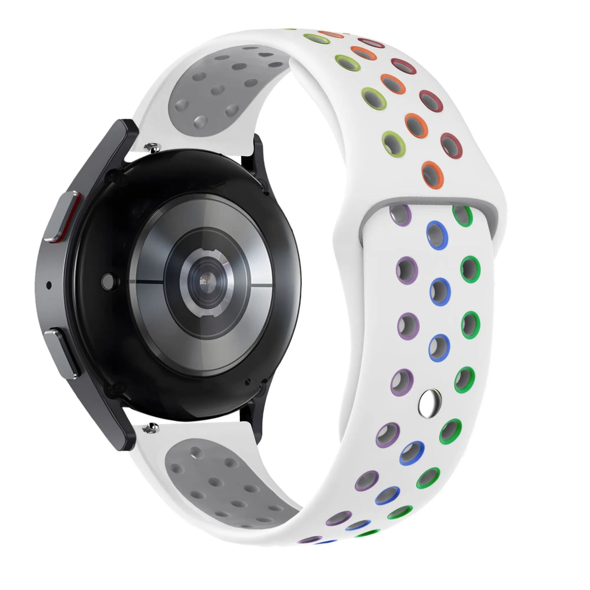Silicone Sport Strap 'Deluxe', white/colourful, on a watch, 3/4 rear view