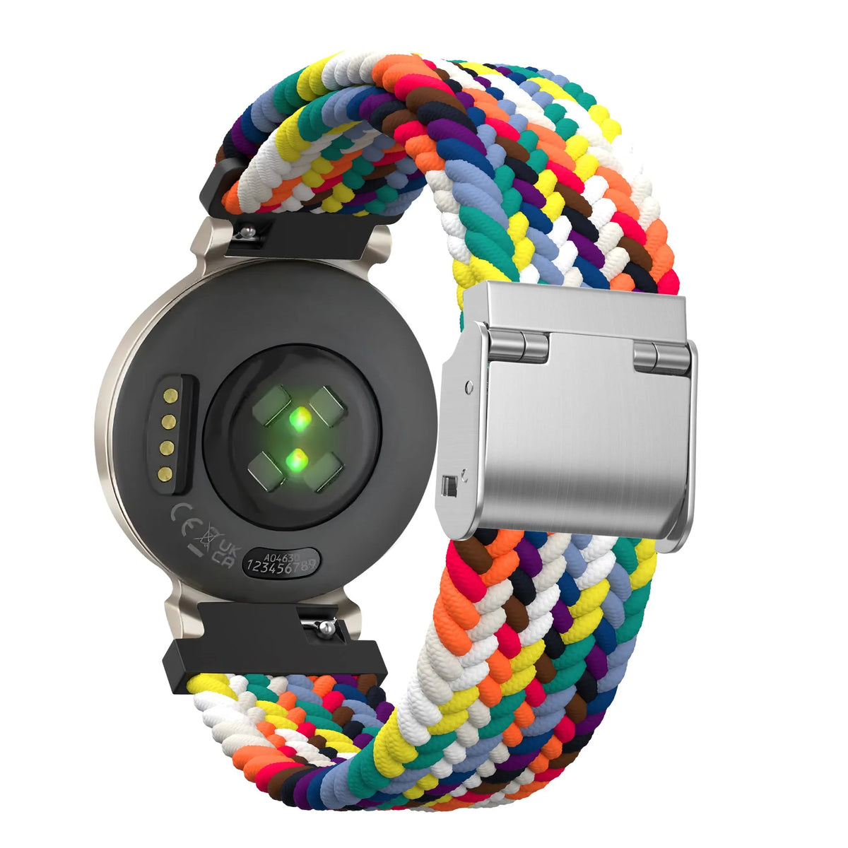 Woven Nylon Strap, rainbow, on a watch, 3/4 rear view