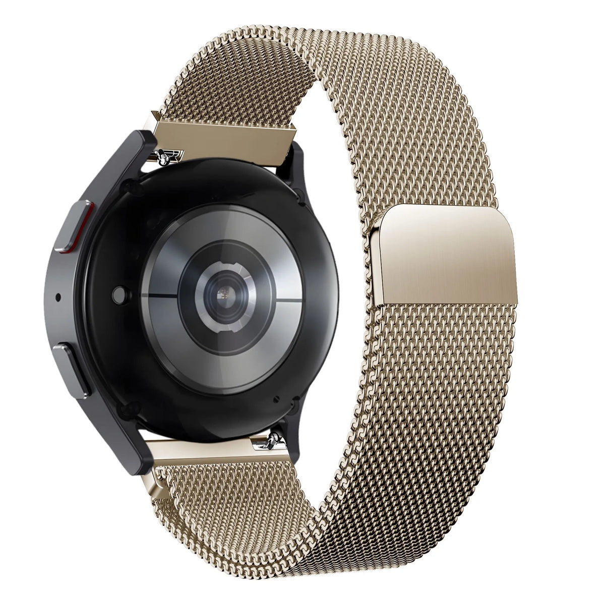 Milanese Loop Strap, champagne, on a watch, 3/4 rear view