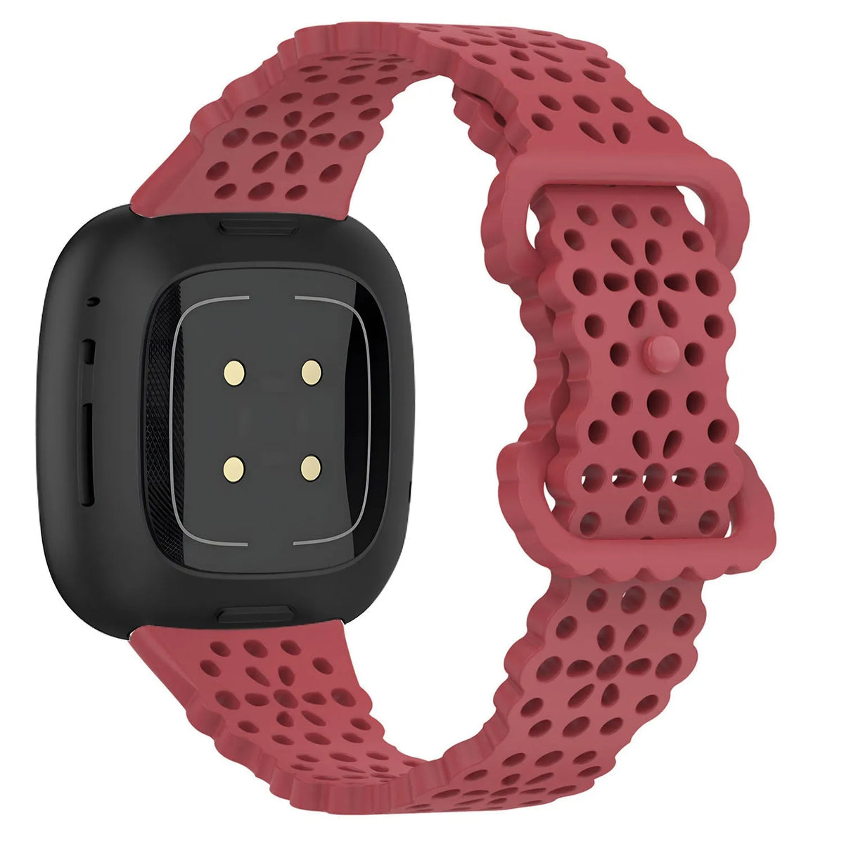 Patterned Silicone Strap, red, on a watch, 3/4 rear view