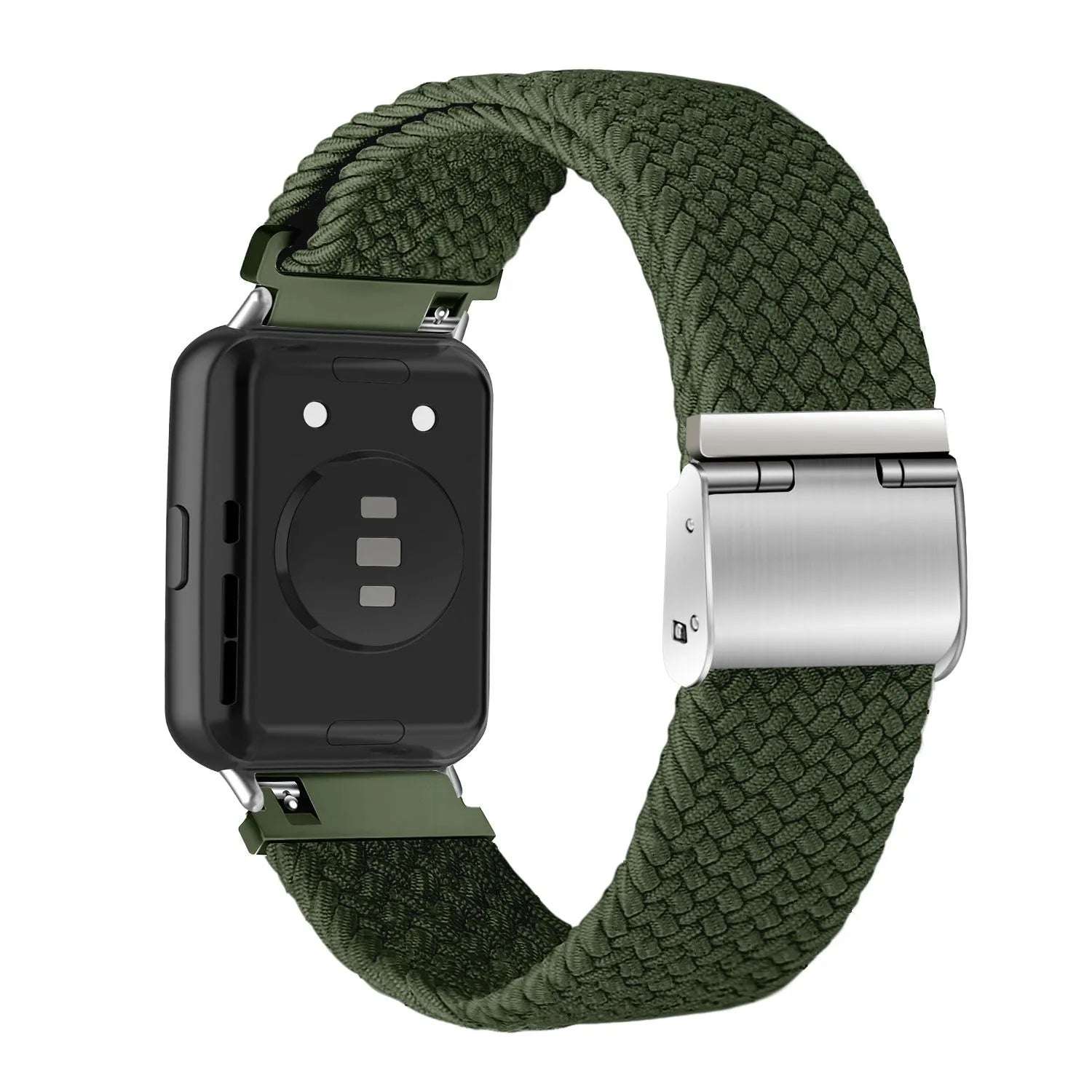 Nylon Adjustable Braided Strap, green, on a watch, 3/4 rear view
