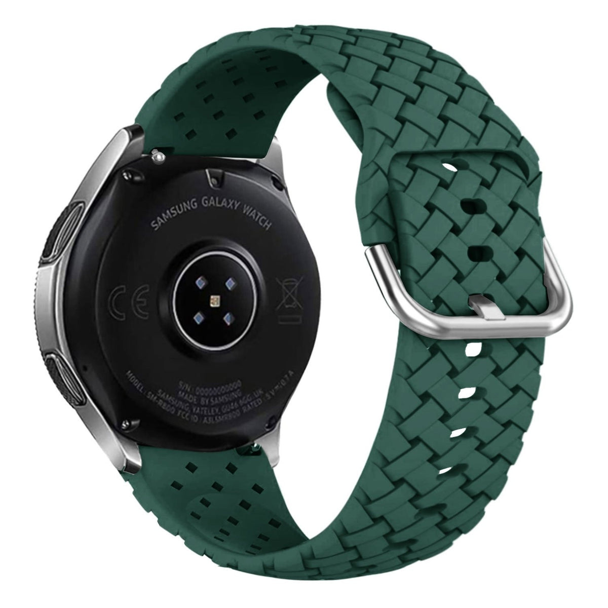 Braided Silicone Strap, dark green, on a watch, 3/4 rear view