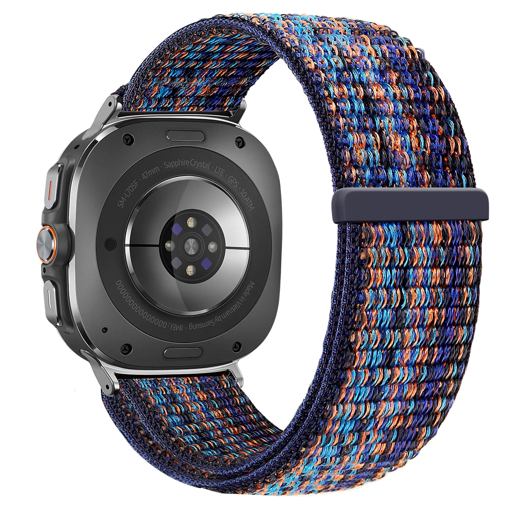 Nylon Loop Strap, blue mix, on a watch, 3/4 rear view
