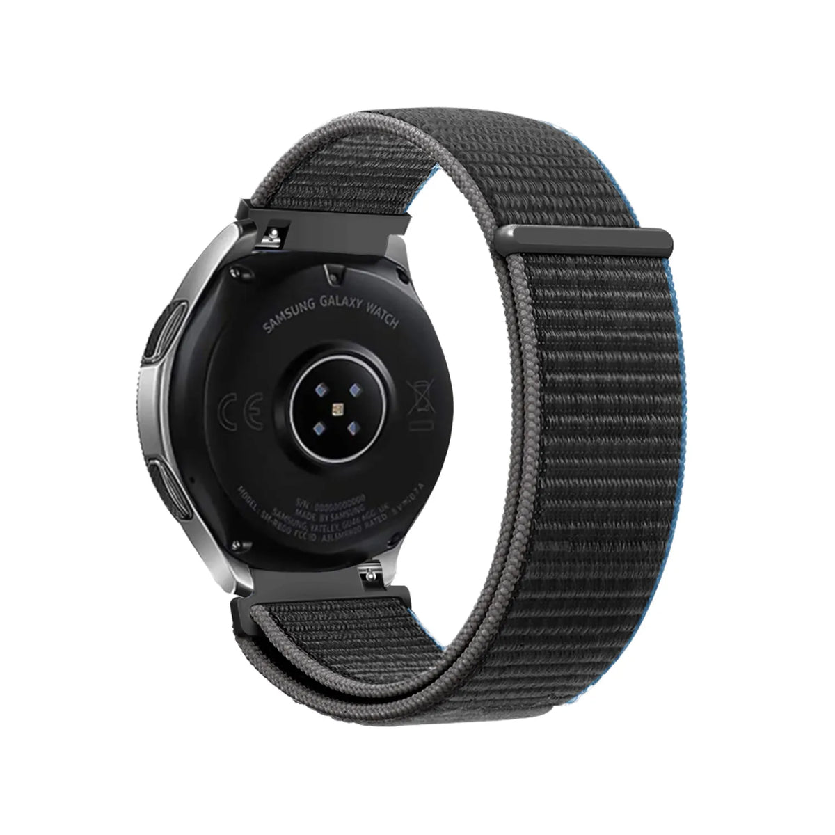 Nylon Strap, charcoal, on a watch, 3/4 rear view