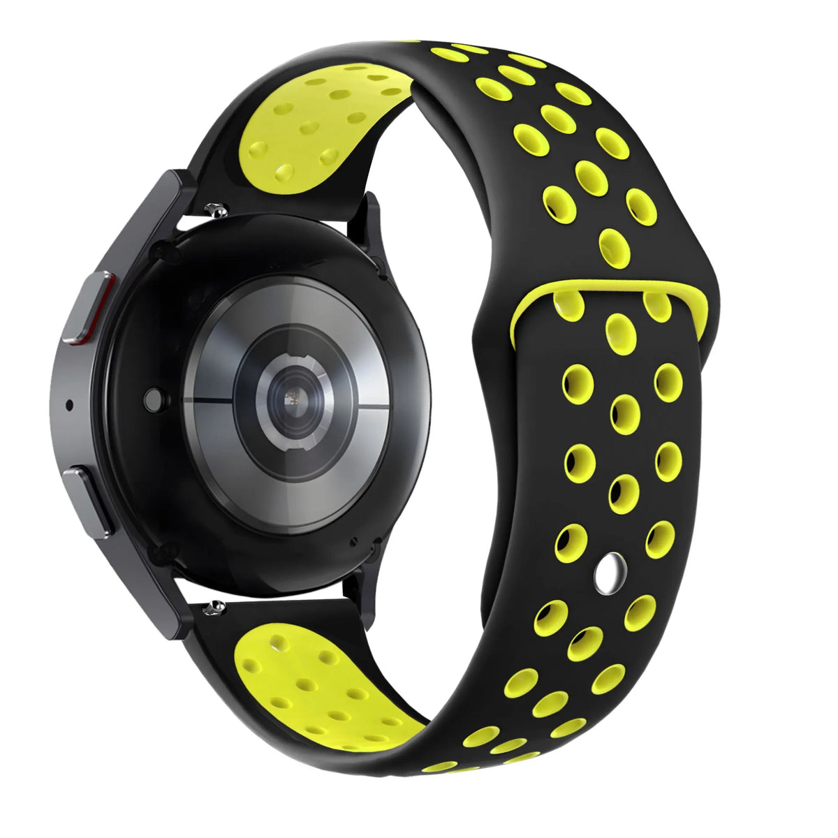 Silicone Sport Strap 'Deluxe', black/yellow, on a watch, 3/4 rear view