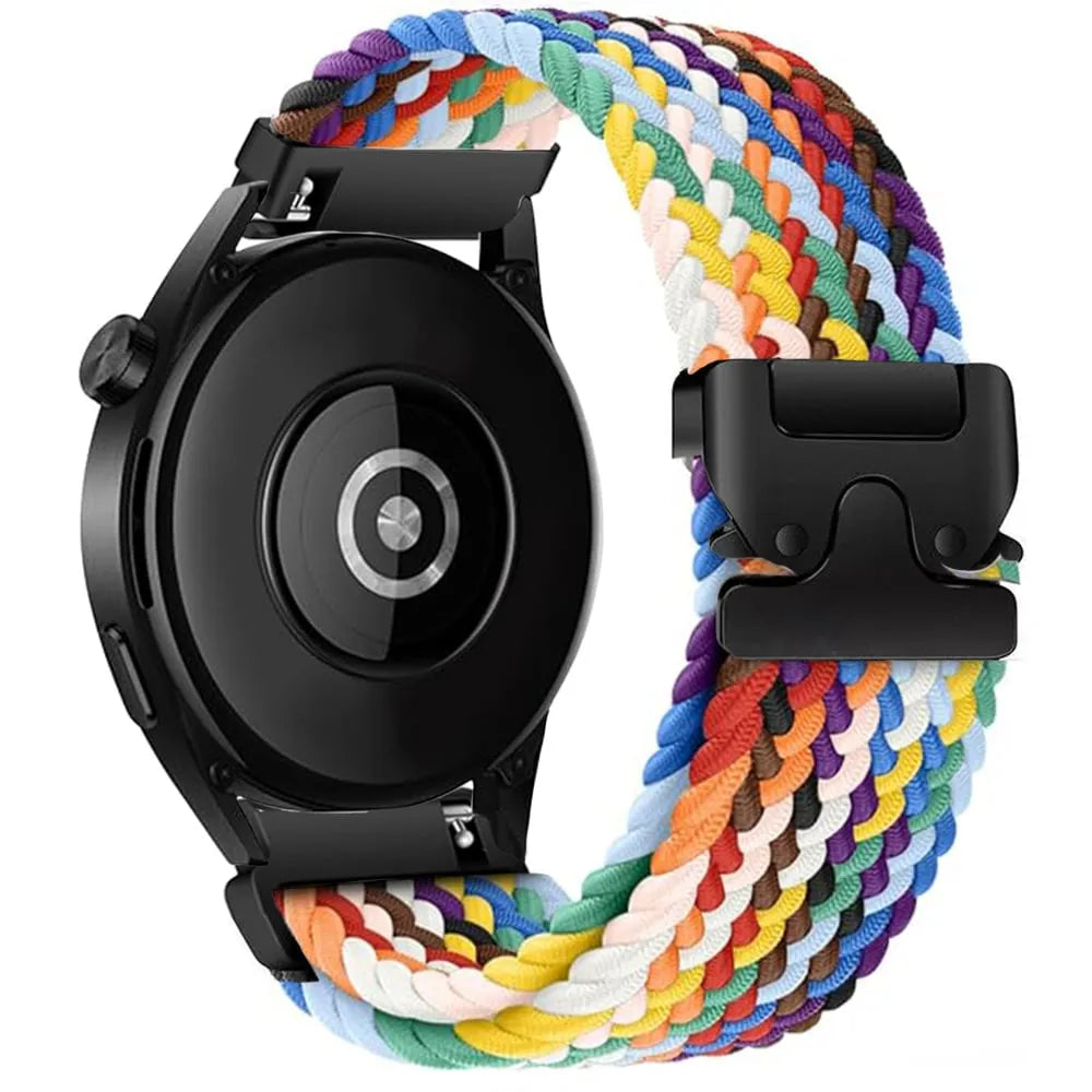 Nylon Braided Strap P-Buckle, rainbow, on a watch, 3/4 rear view