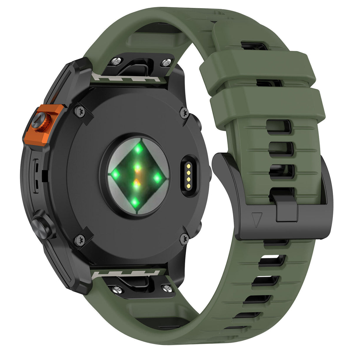 Silicone Buckled Sport Strap, on a watch, 3/4 rear view