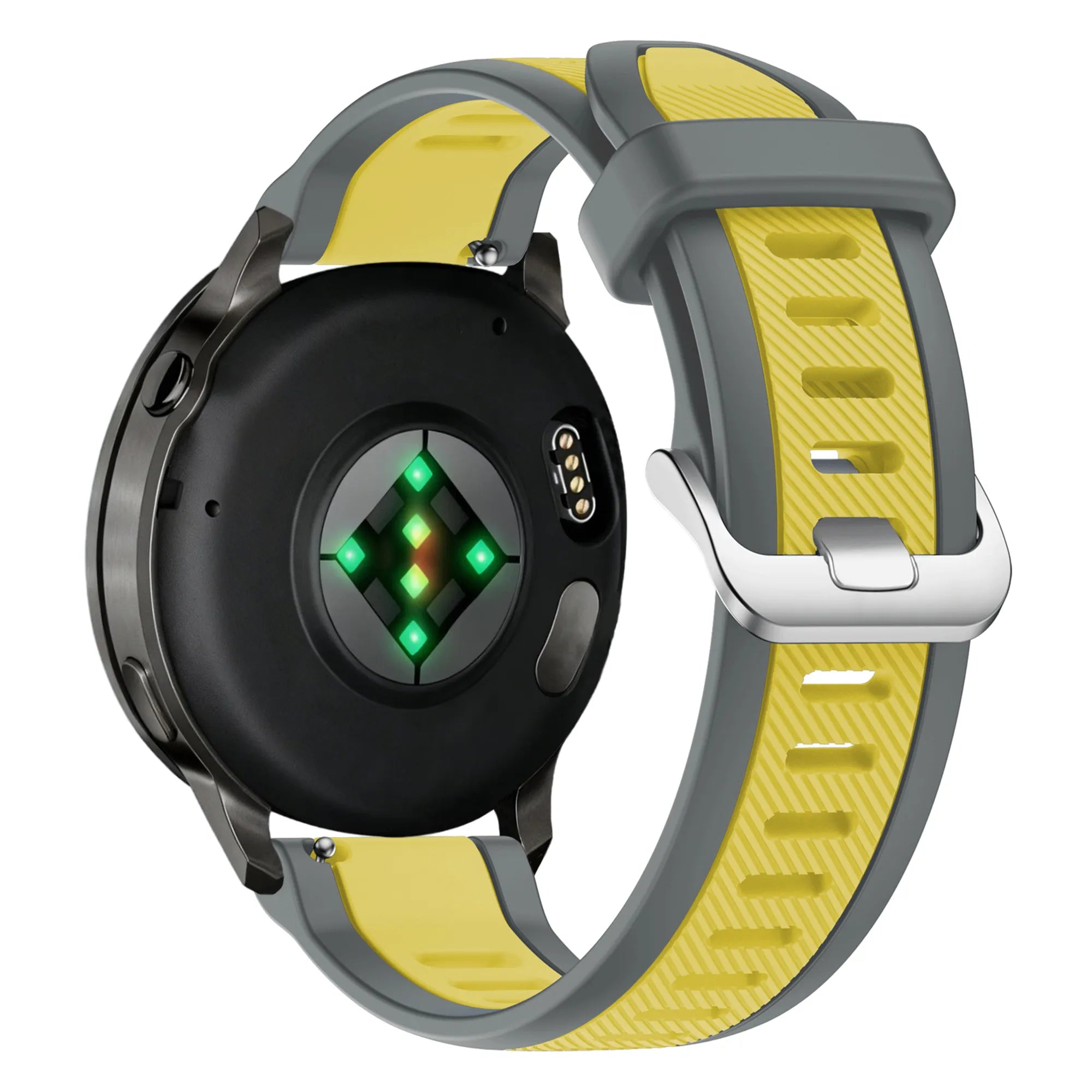 Silicone Dual Buckled Sport Strap, grey/yellow, on a watch, 3/4 rear view