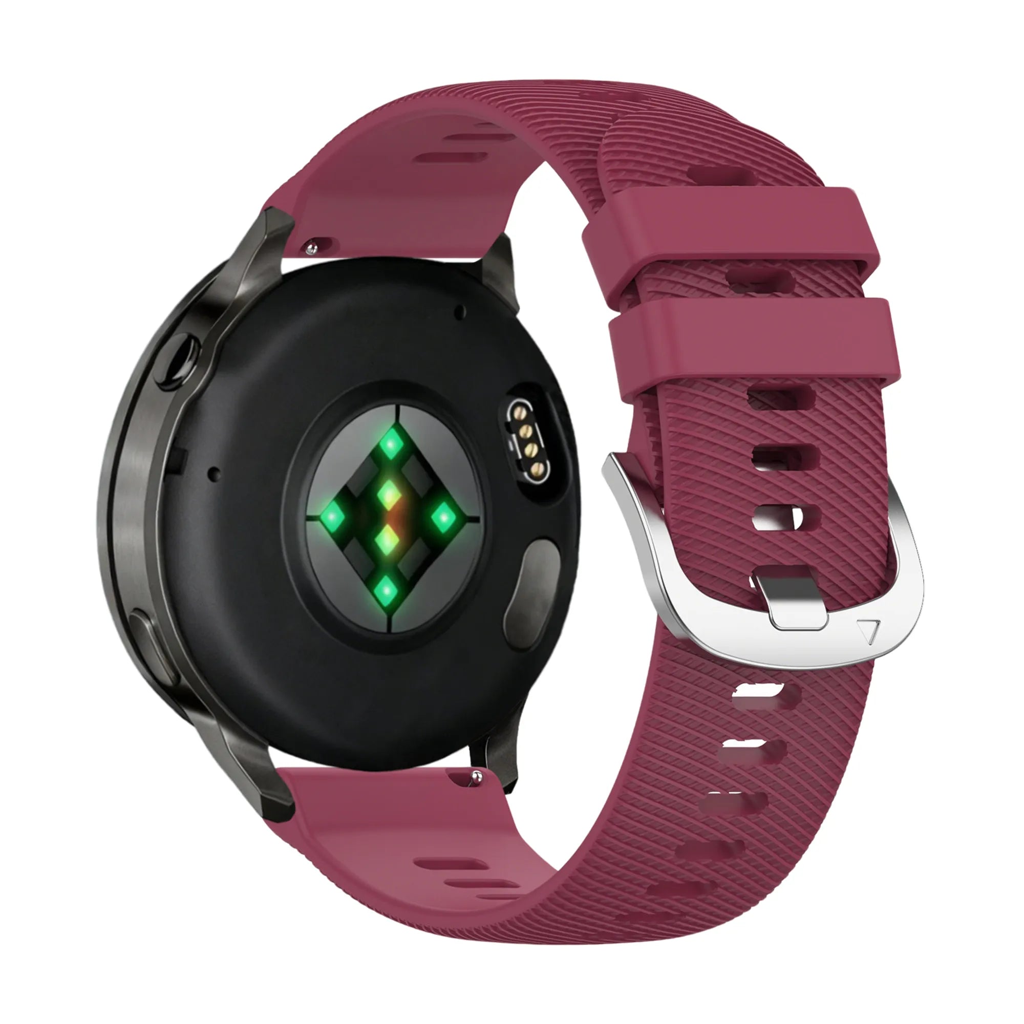 Silicone Strap 'Deluxe', wine red, on a watch, 3/4 rear view