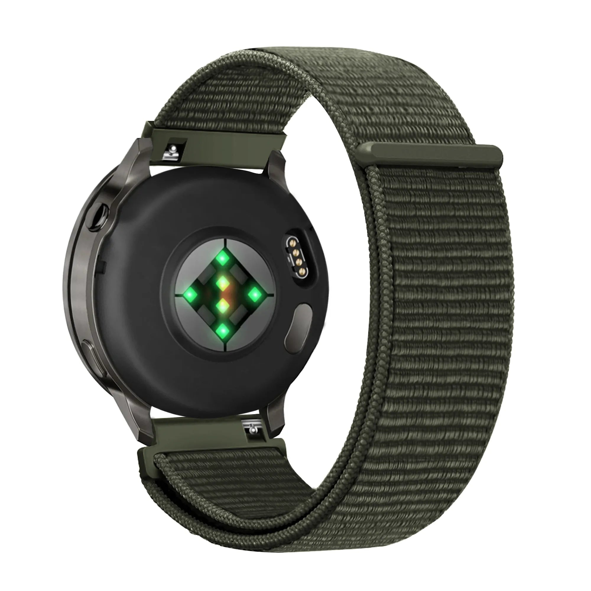 Nylon Loop Strap, dark green, on a watch, 3/4 rear view