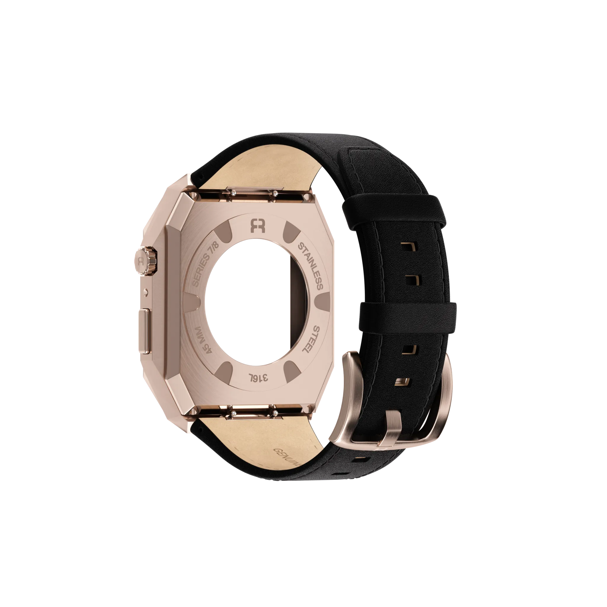 Reqior Apple Watch 45mm Metal Hülle mit integriertem Lederarmband (Roségold/Schwarz)
