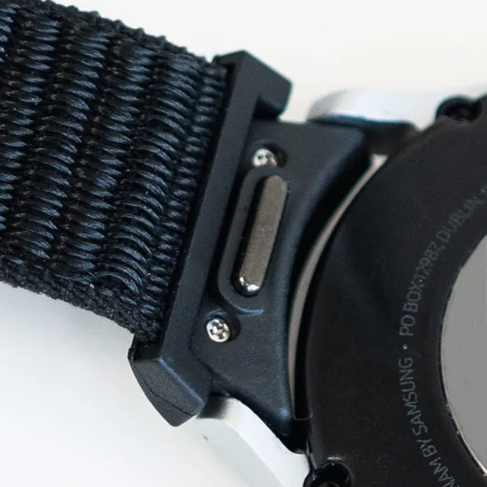 Nylon Strap 'One Push', black, on a watch, 3/4 rear view