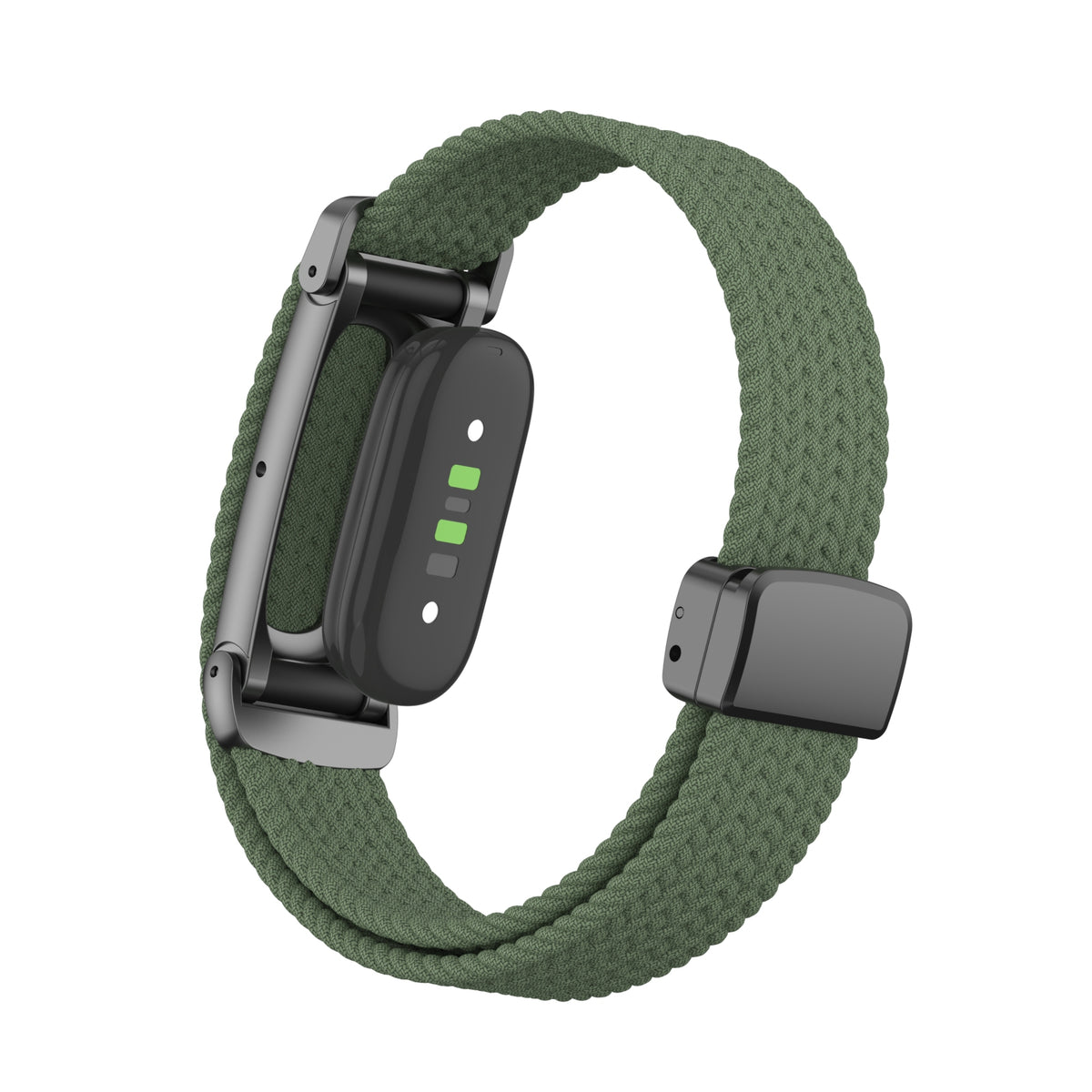 Nylon Braided Strap with D-Buckle, army green, on a watch, 3/4 rear view