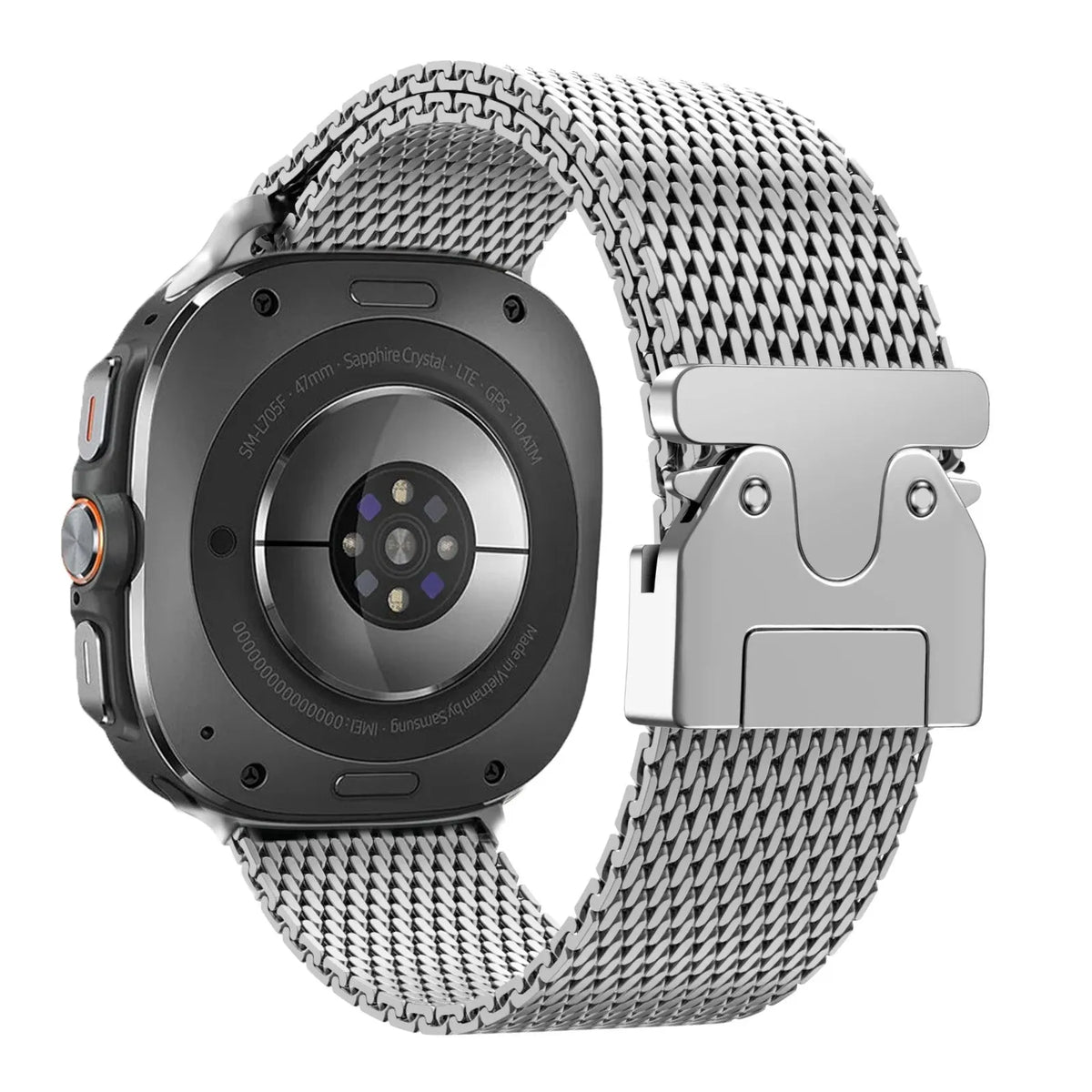 Modern Milanese Strap, titanium, on a watch, 3/4 rear view