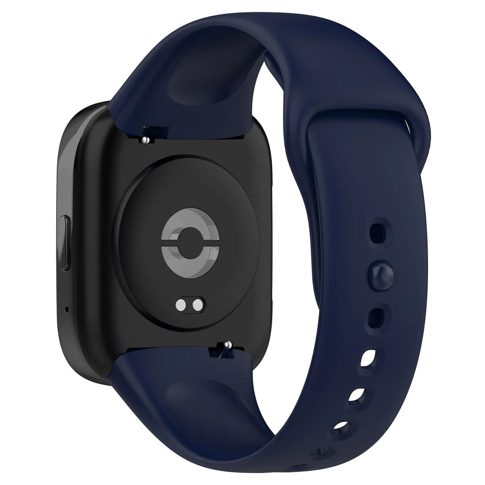 Silicone Strap, dark blue, on a watch, 3/4 rear view