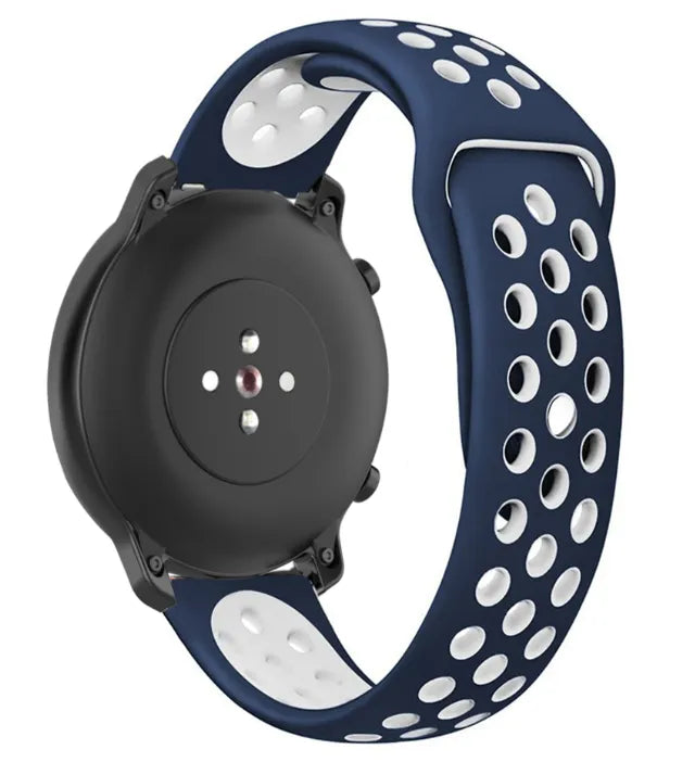 Silicone Sport Strap, blue/white, on a watch, 3/4 rear view