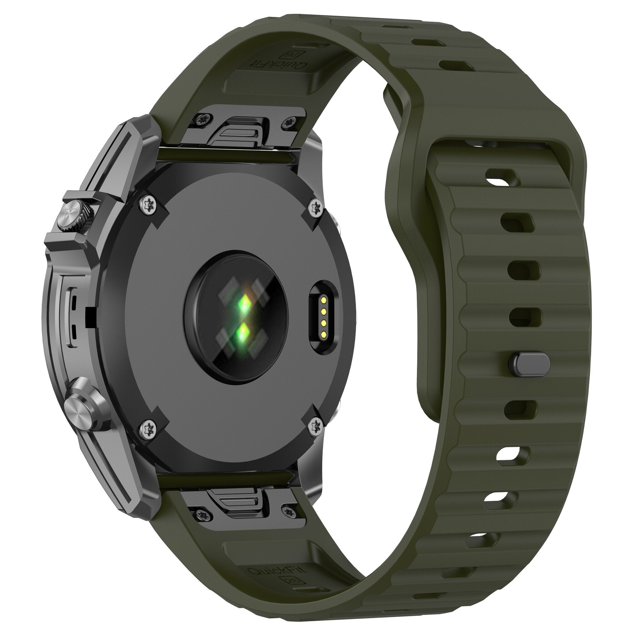 Outdoor Silicone Strap, army green, on a watch, 3/4 rear view