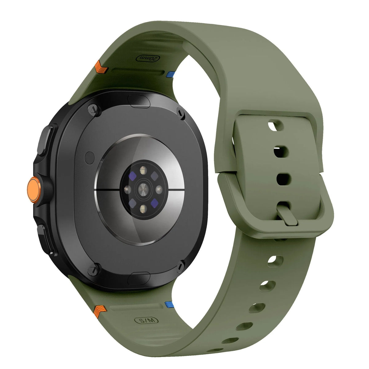 Silicone Strap, army green, on a watch, 3/4 rear view