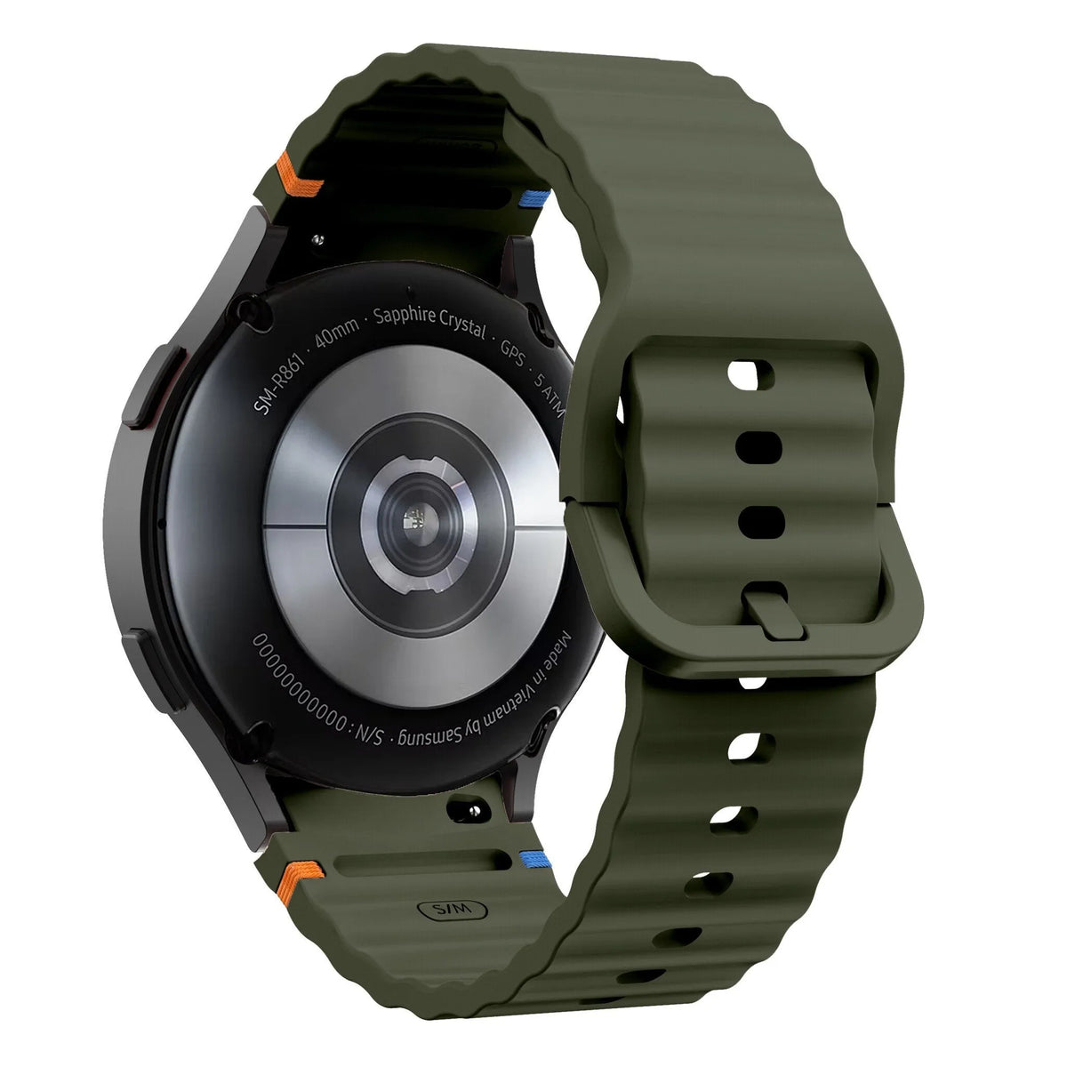 Wave Silicone Strap, army green, on a watch, 3/4 rear view